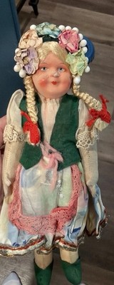 Vintage 1930s Hungarian Folk Composition Cloth Tourist Blonde Doll 10in. Tall