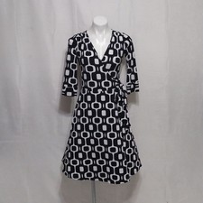 Bisou Bisou Black & White Geometric Print Retro Wrap Dress Sz 4 Chic Office Wear