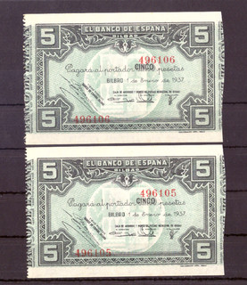 PAREJA CORRELATIVA DE 5 PTS DE 1937 BILBAO SC PLANCHA DE TACO