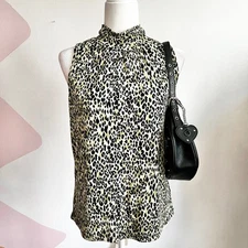 Vintage Leopard Turtleneck Tank Top, Y2K Grunge Edgy 2000s Large