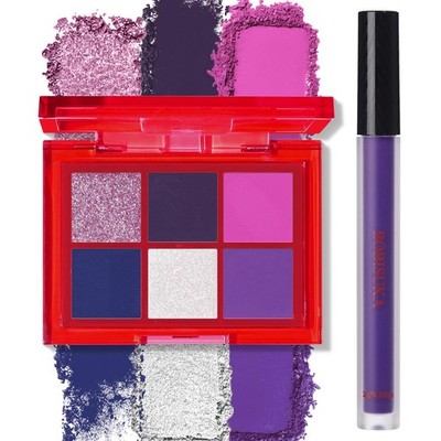 Eyeshadow Makeup Palette + Matte Lipstick Kit, 6 Colors Purple Blue Pink Shim...