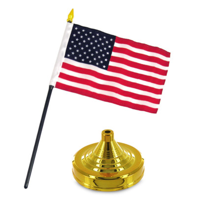 United States USA 4''x6'' Flag Desk Set Table Stick Gold Base 100D