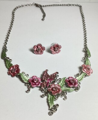20  PINK & GREEN ENAMEL FLORAL NECKLACE & PIERCED EARRINGS SET PINK RHINESTONES 