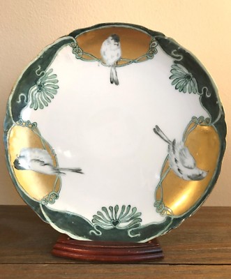 Antique J.P. Limoges France Hand Painted 3 Birds Plate Gold Trim Dark Green