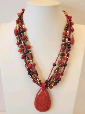 Colorful Necklace Stone Wood Acrylic Beaded Red Howlite Nature Inspired Tribal
