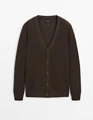 Massimo Dutti Mens Cardigan Sweater Brown Large L Merino Wool 0938/340 NWT