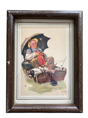 Vintage 1972 Normal Rockwell Framed Print  Gone Fishing  - Print Size 5 x 7 