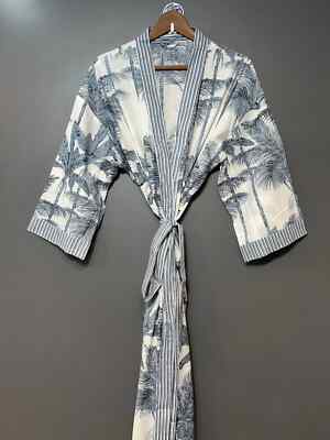 Indian Cotton Robe Long Kimono Sleepwear White Floral  Printed Night Kimono Robe