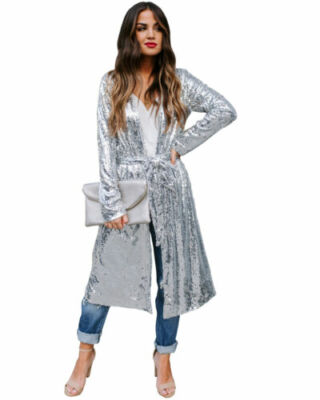 Womens Ladies Silver Sequin Belt Long Trench Outwear Clubwear Casual Jacket  Coat | eBay