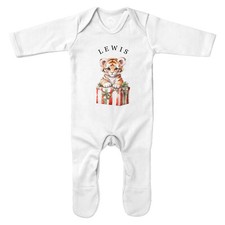 Personalised Tiger Xmas Present Romper Suit Christmas Baby Safari Girl Boy Fe...