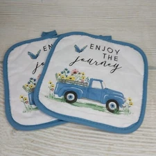New! Set of 2 "Enjoy The Journey" Blue Farm Truck  Floral Cotton PotHolders Bake