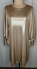 Halston Heritage gold metallic Shift dress Cape Style Sleeve Sz 4