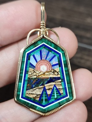  LOOK  ~14k Gold Anhänger Intarsien Sonnenaufgang   Opal Lapis Malachit Jaspis~  WOW 