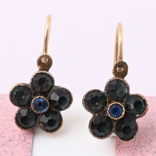 Antique Victorian Mourning 14k Gold Forget Me Not French Jet Paste Earrings
