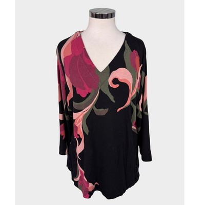 Chicco's Size 3 US XL 3/4 Sleeve Top Black Pink Floral V Neck Tunic