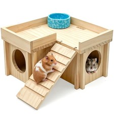 Wooden Hamster Hideout House With Platform Bowl Ladder Maze Hut Cage Toy