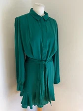 Guess belted shirt dress L NEW belted fit & flare ruffle emerald satin classic