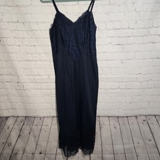 Vtg 60s Vanity Fair Full Slip Dress Navy Lace Bodice Hem Boudoir Grunge 38 Tall