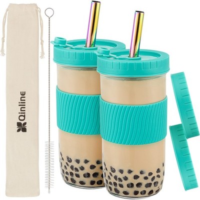 2-Pack 24oz Reusable Glass Mason Jars w/ Lids, Straws & Silicone Sleeves