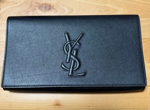 Yves Saint Laurent  Flap Clutch Bag Black Leather YSL Logo Women's Made in Italy