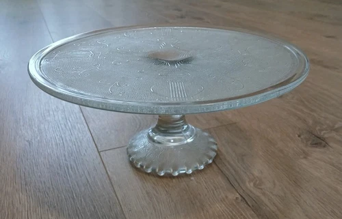 Vintage 1950's Jeanette Glass Harp Lyre Pedestal Cake Stand 10" Depression Glass