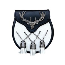 Men's Scottish White Fur Leather Sporran With Stag Head Emblem and 3 Tassels
