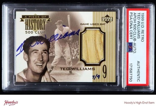 1999 Upper Deck A Piece of History 500 Club Ted Williams BAT AUTO 7/9 PSA AUTH