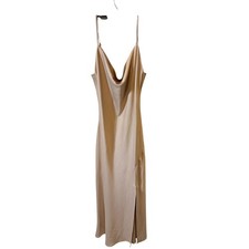All In Love Champagne Satin Cowl Neck Midi Slip Dress Side Slit Beige Small