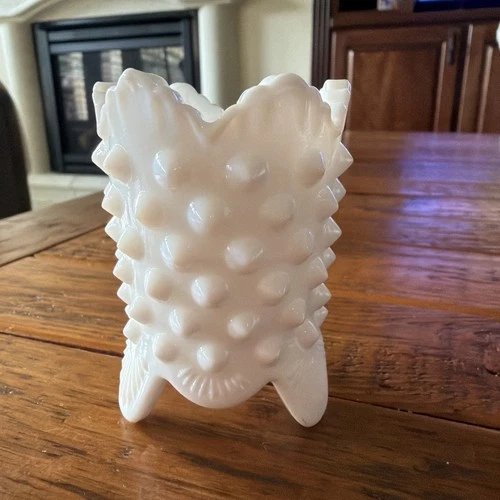 Vintage Fenton Hobnail White Milk Glass Toothpick Holder 3 Footed Scalloped