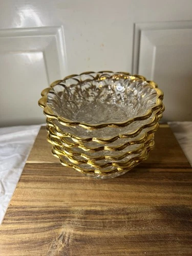 Vintage Jeanette Glass Clear Thumbprint Pattern Bowls Gold Trim 5.25 in Set of 6