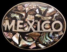 JG04124 VINTAGE 1970s  MEXICO  ABALONE INLAY SILVERTONE SOUVENIR BELT BUCKLE