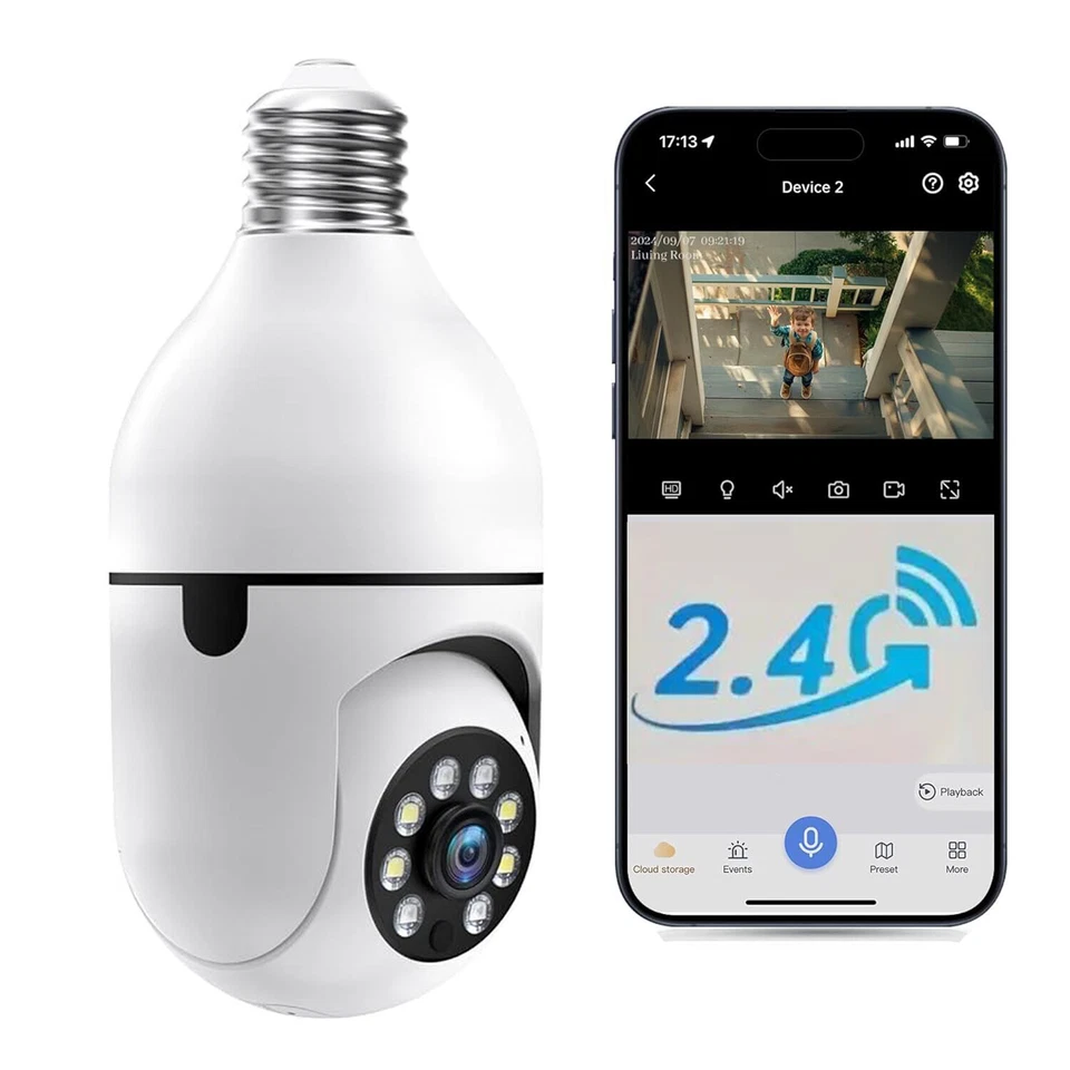 2MP Wireless Light Bulb Security Camera 2.4G WiFi Outdoor Home Bulb Camera 1080P