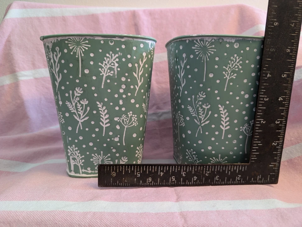 galvanized metal planter country stamped green white floral container farmhouse  - Image 2 of 4