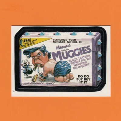 1986 Wacky Packages Muggies Diapers #74 Topps Mini Album Sticker Huggies Spoof