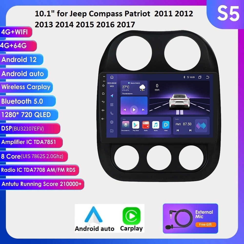 10.1 Inch Android 12 Car Stereo with CarPlay GPS 4GB+64GB for Jeep Patriot Compass