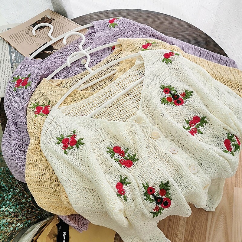 Vintage Flowers Knit Cardigan Country Hippie Embroidered Floral