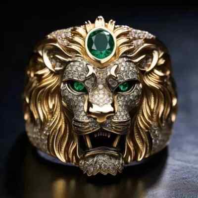 3Ct Oval Cut Lab Created Emerald Men's Lion King Ring 14K Yellow Gold Plated