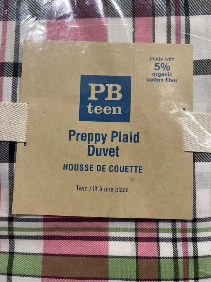 Funda nórdica Pottery Barn Teen Preppy a cuadros doble rosa/verde nueva en paquete Foto 2 de 4