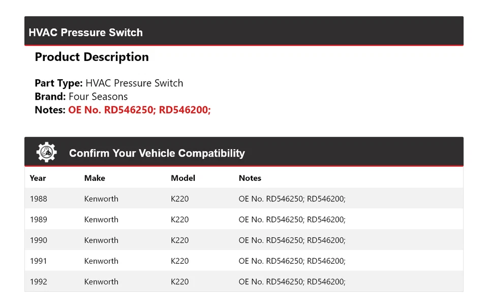 Interruptor de presión de climatización Kenworth K220 1988-1992 4 estaciones 1989 1990 1991 Foto 2 de 4