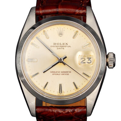 Mens Rolex 1500 Date Stainless Steel Watch Brown Leather Strap Band Silver Dial