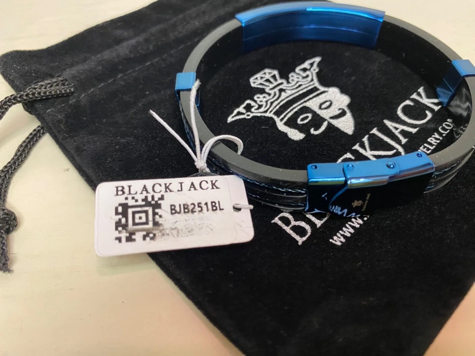 BLACKJACK Jewelry Designer Mens Bracelet Black Silicone Blue Stainless Steel Wir - Image 3 of 4