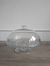 Pretty Glass Domed Top Pedestal Cake Stand Scalloped Edge Embossed Floral Design