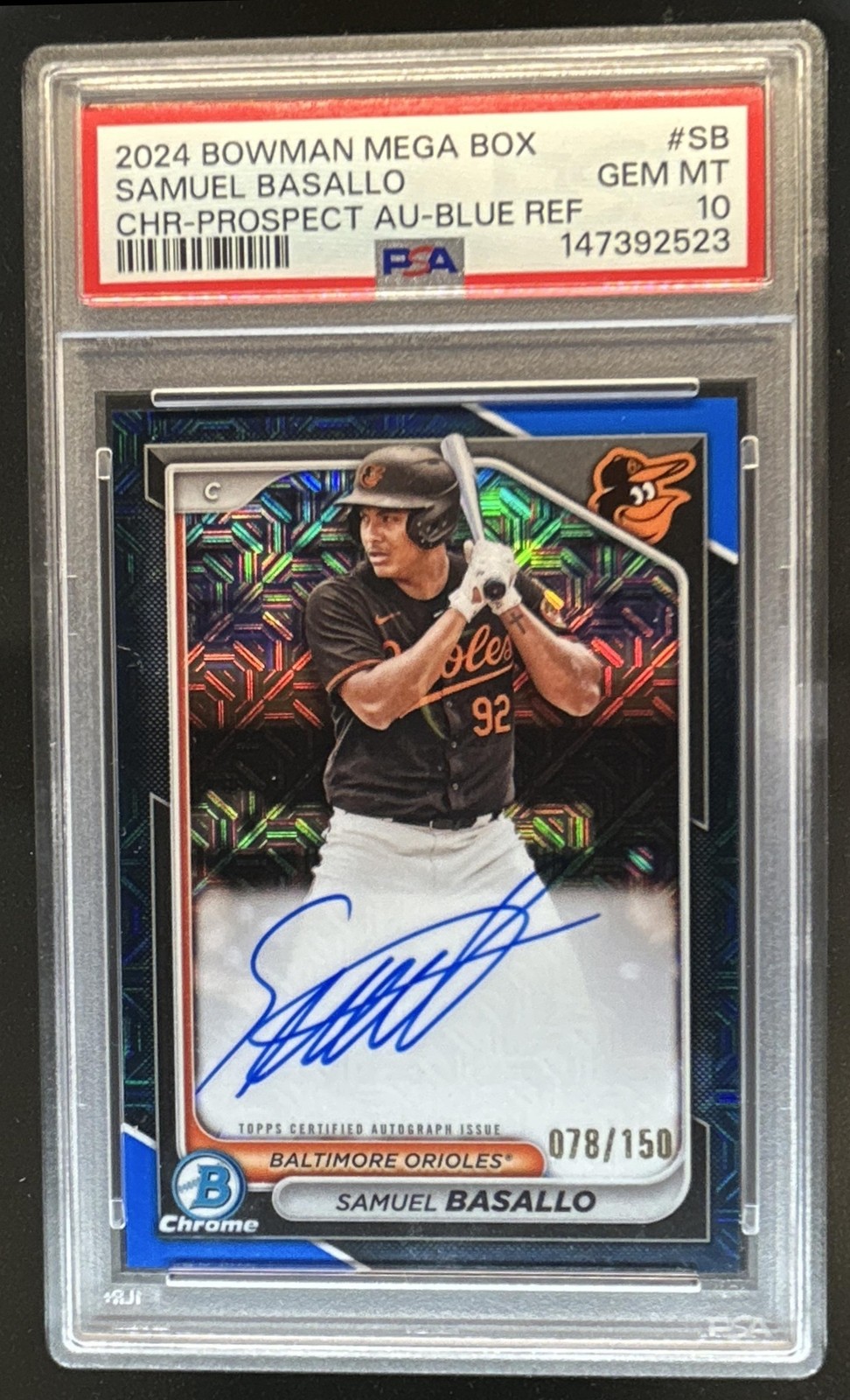 2024 Bowman Mega Box Samuel Basallo Auto Mojo Blue Refractor #/150 PSA 10 view 1