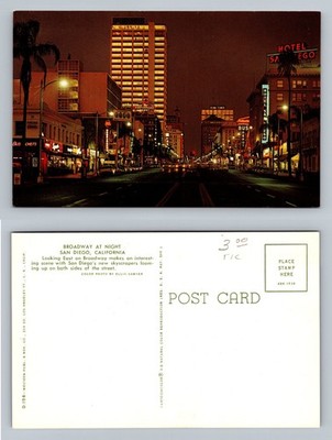 San Diego, CA-California, Broadway Night Scene Neon Lights PC Vintage Postcard