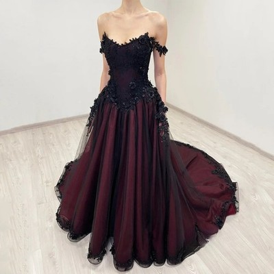 Gothic Wedding Dresses Off Shoulder Flowers Applique Black Burgundy A Line  Gowns | eBay