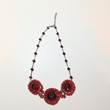 Red Statement Necklace 3 Beaded Discs Center Glass Stones Chain Lobster Clasp