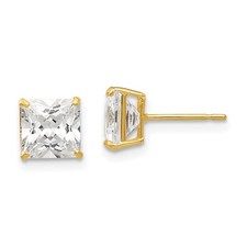 Real 14K Yellow Gold 6mm Princess Square CZ Post Earrings; Women  Men