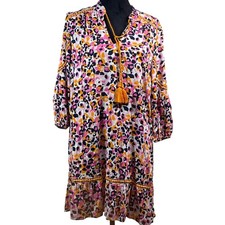 Pink Orange Animal Print Tassel Boho Shift Dress L coastal eclectic peasant