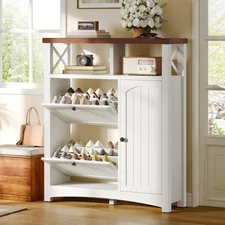 Farmhouse Shoe Cabinet with 2 Flip Drawers, Wood Shoe Rack W/Door, Entryway Shoe
