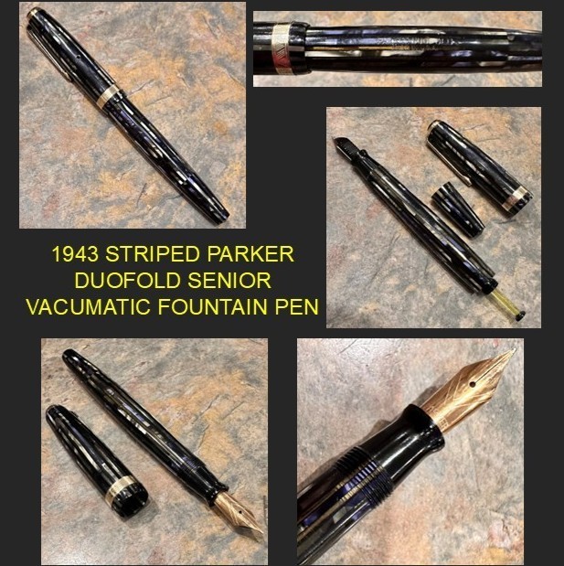 1940s Striped Parker Duofold Senior Vacumatic Fountain Pen, "DuoVac" Chevron Cap